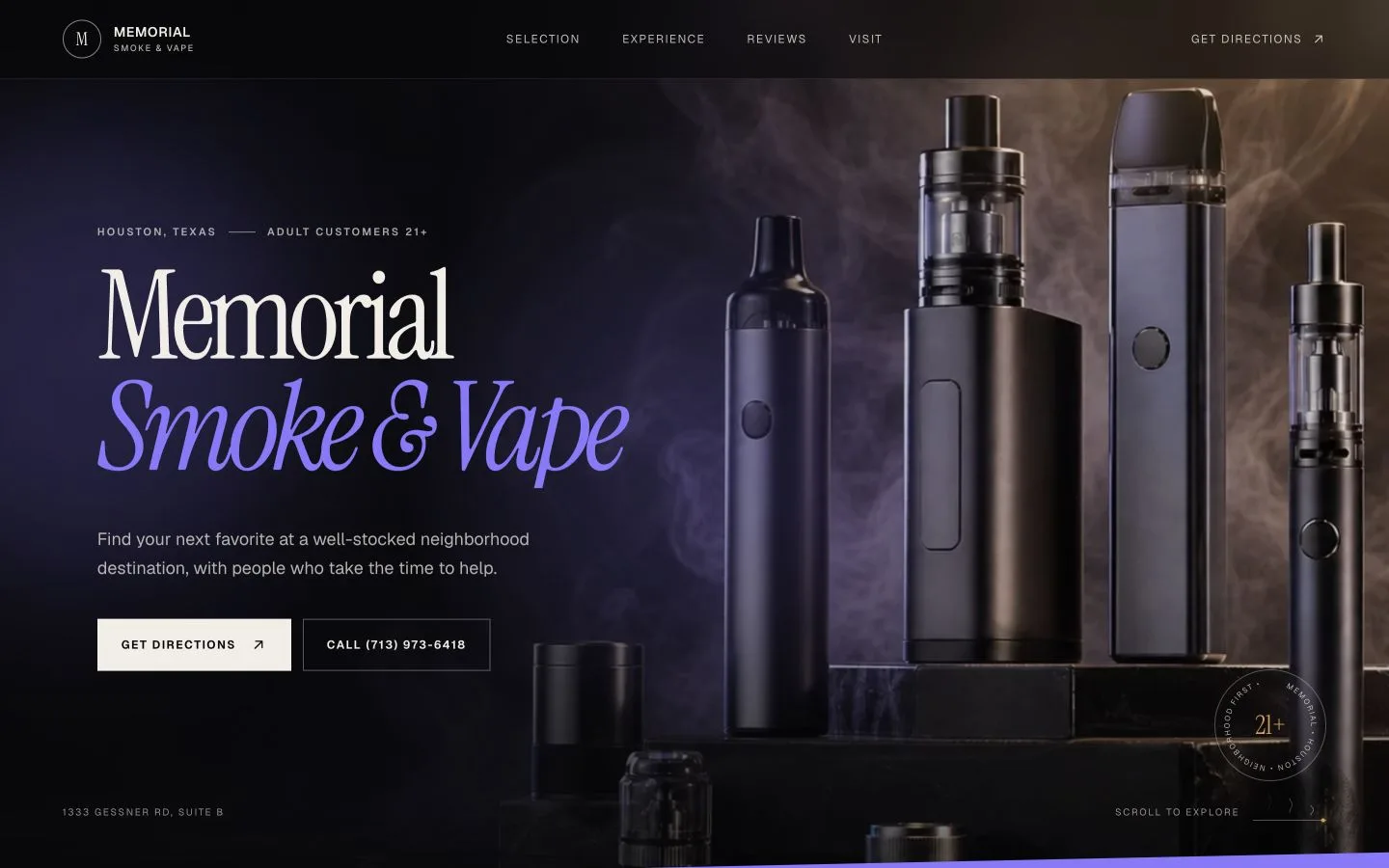 Homepage of the Memorial Smoke & Vape website built by MJ Enterprise Solutions.