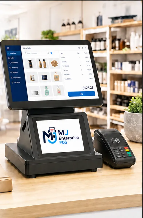 Close view of the MJ Enterprise POS checkout terminal.
